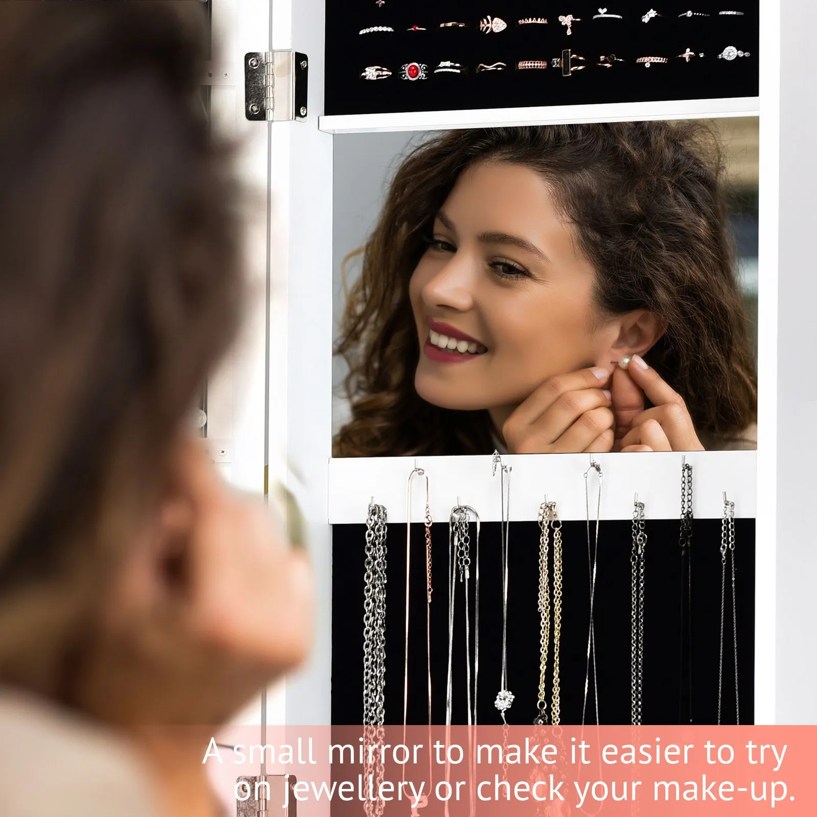 Costway Mirrored Jewelry Cabinet Wall Mounted/Door Hanging Jewelry Armoire w/ Full-Length Mirror in White 5