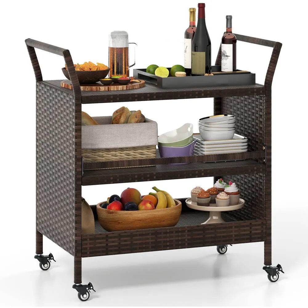 Costway Outdoor Bar Cart 3-Tier Patio Rattan Storage Shelf-Brown in Brown
