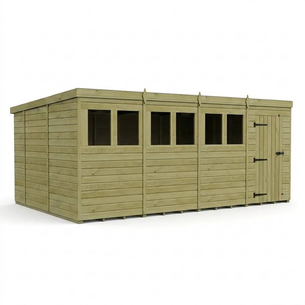 Buttercup Farm 16ft x 10ft Pent Garden Shed Single Door With Windows - Timber in Brown