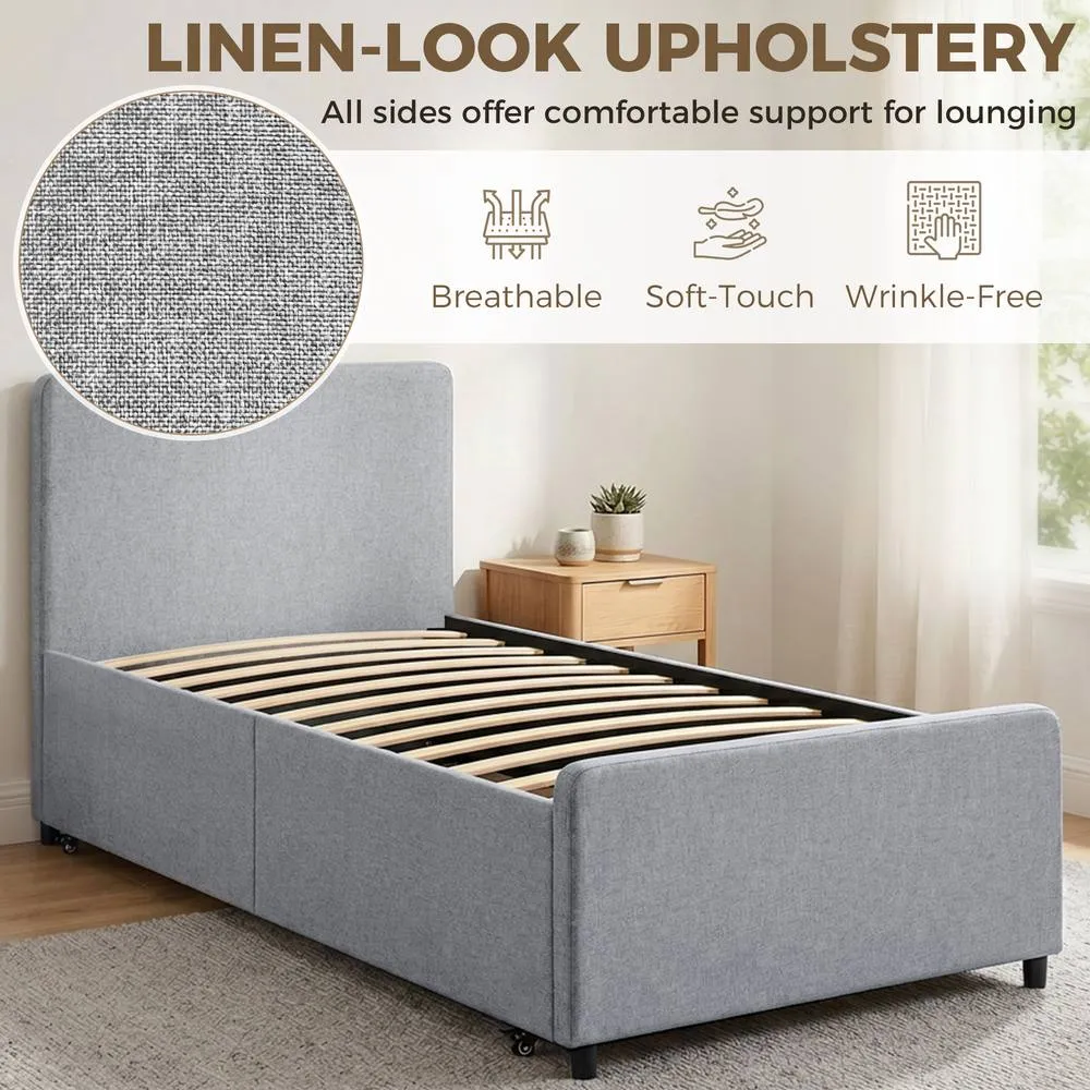 HOMCOM 90 x 190 cm Upholstered Single Bed, Pull Out Trundle Bed in Light Grey 5