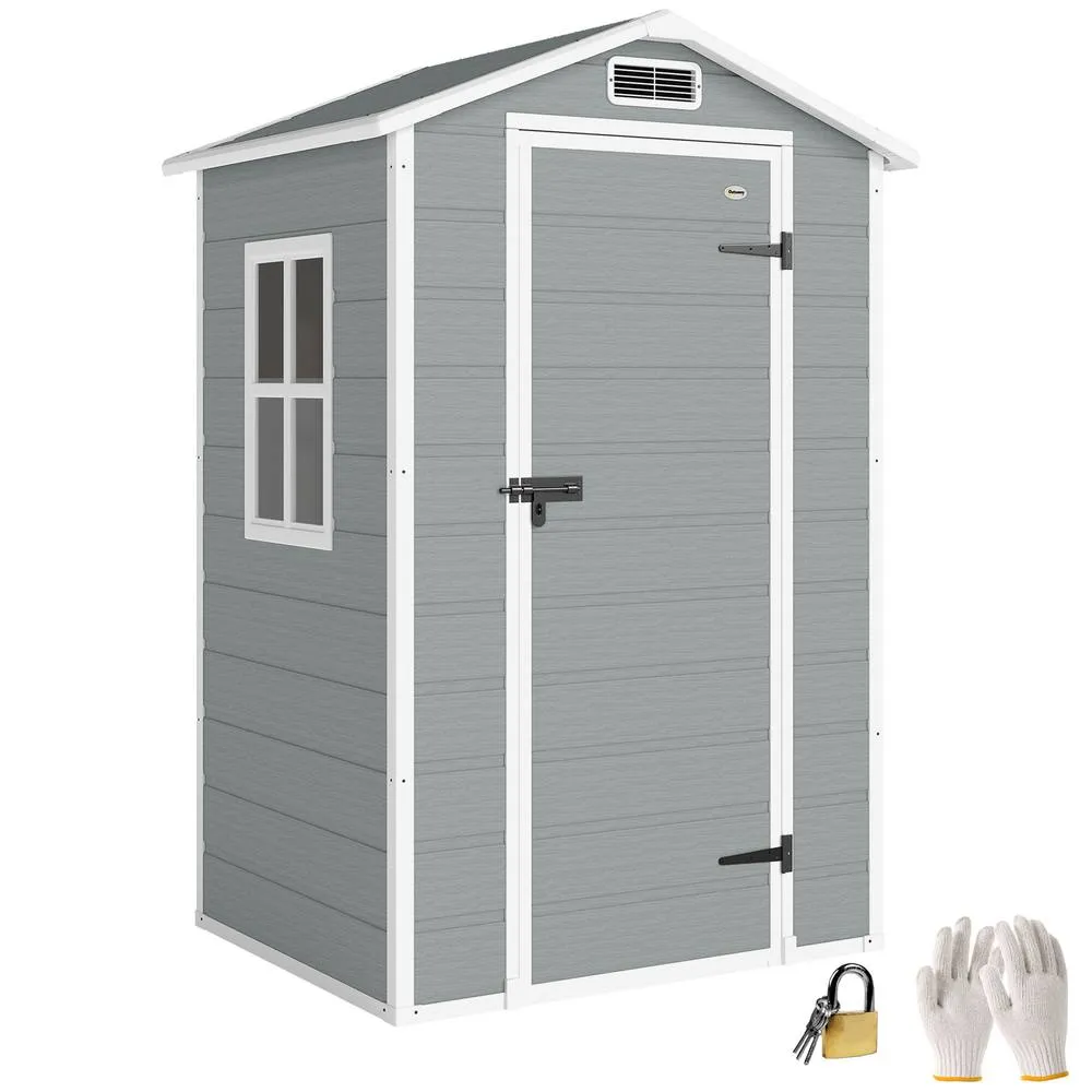 OUTSUNNY 4 x 3 ft Plastic Garden Shed, Storage Shed with Window Vent in Light Grey 2