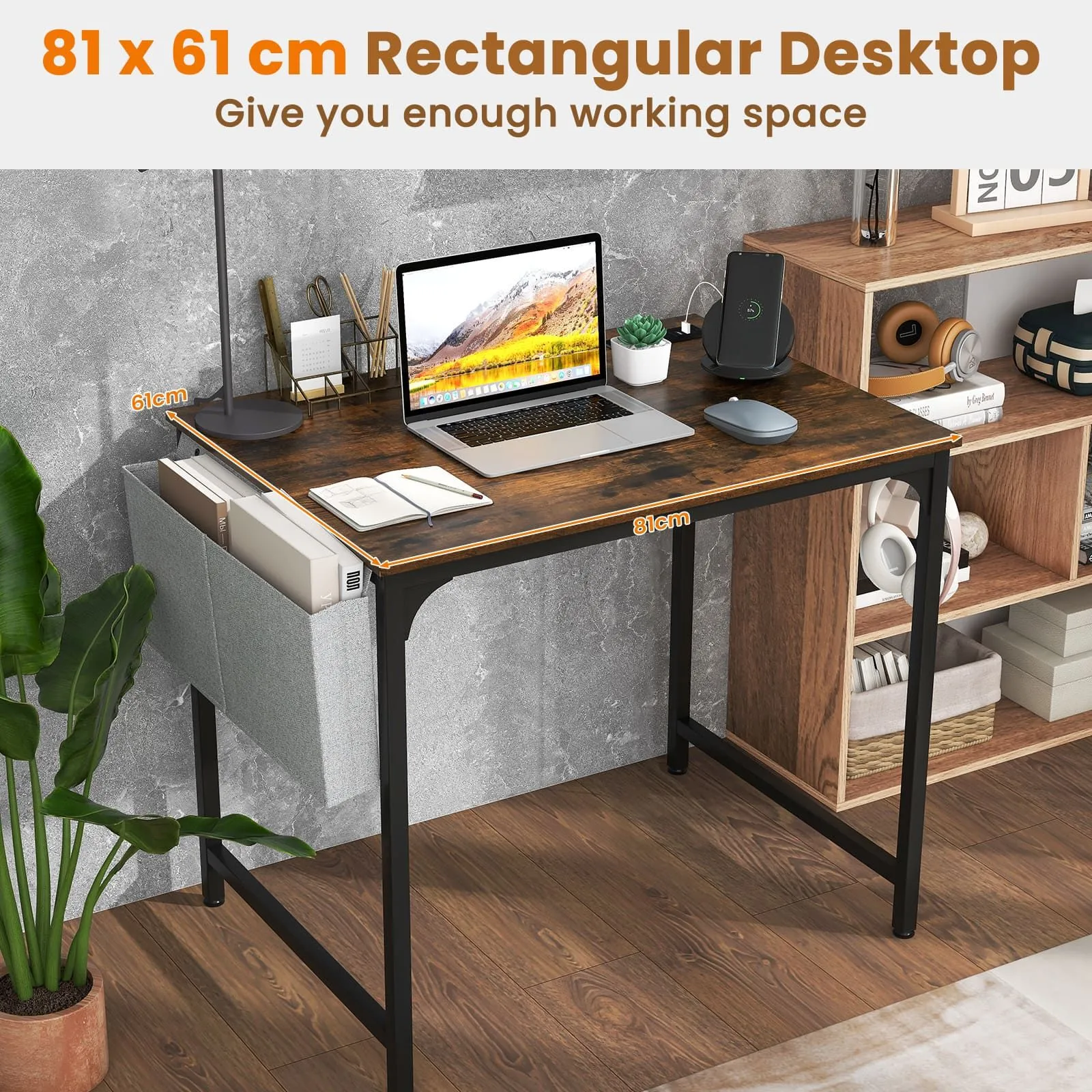 Costway Computer Desk Small Home Office Desk w/ Charging Station in Brown 3