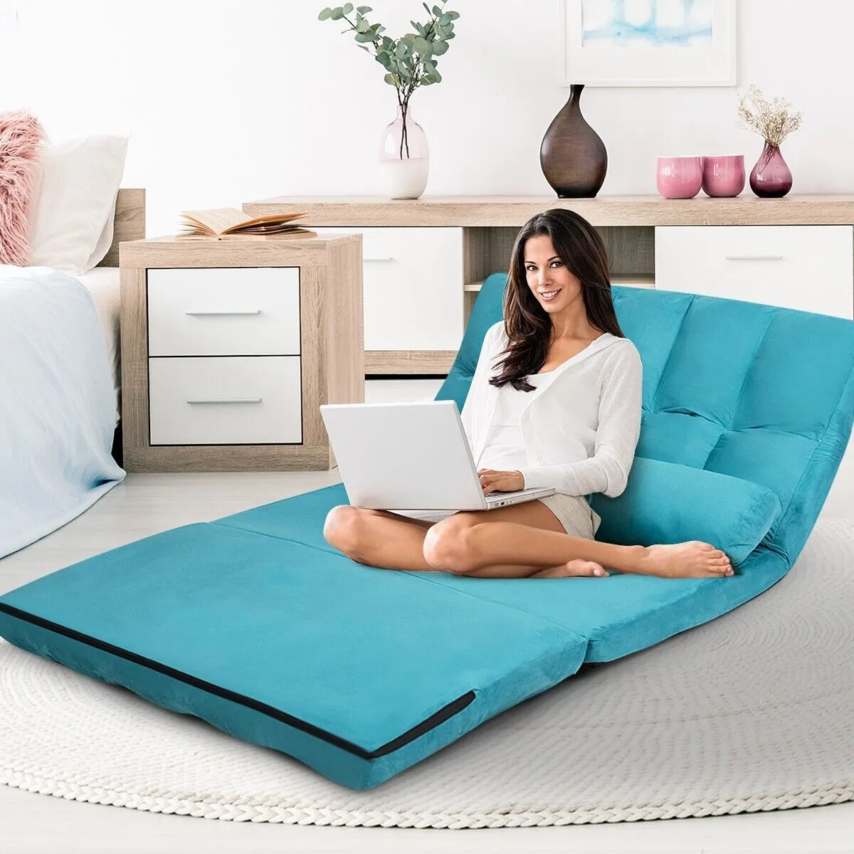 Costway 3 IN 1 Folding Lazy Sofa Bed Floor Sleeper Seat 6-Position Adjustable 2 Pillows in Blue 4