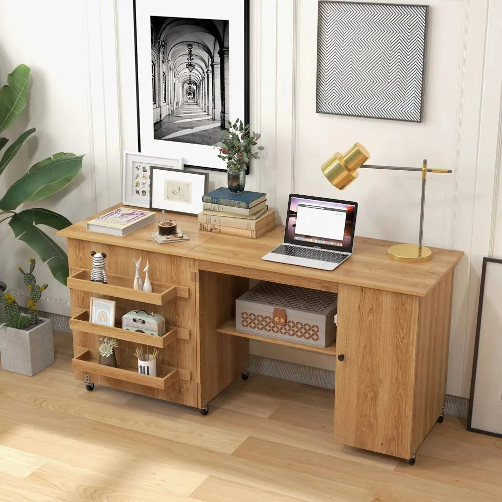Costway Large Foldable Sewing Table Rolling Drop Leaf Craft Table with Lockable Casters in Natural 4