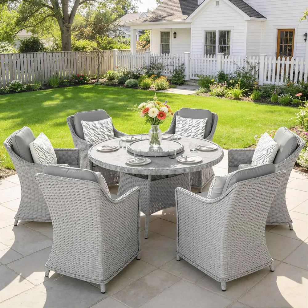 OUTSUNNY Rattan Garden Dining Set with Turntable, Aluminium Frame, Grey