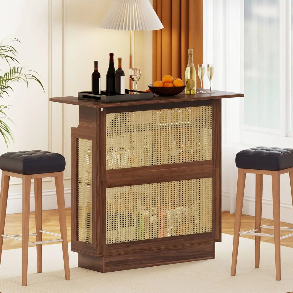 Costway Industrial Home Bar Table w/LED Light &App Control Rattan Dining Table in Brown 4