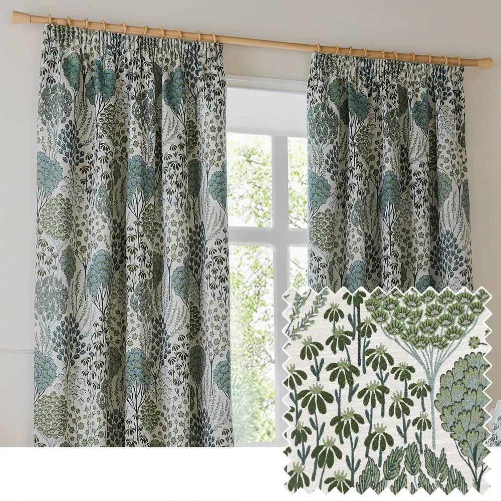 Wylder Ophelia Floral Room Darkening Pencil Pleat Curtain Pair in Green 1
