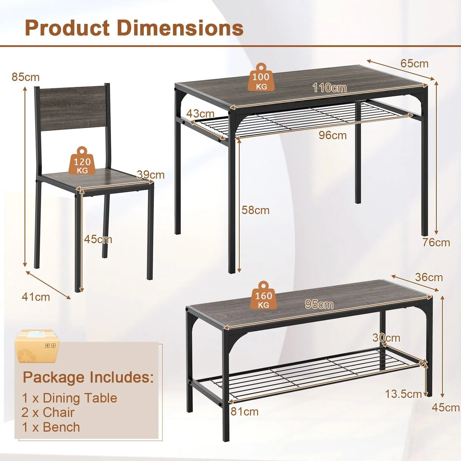 Costway 4PCS Dining Table Set Industrial Rectangular Kitchen Table w/ Chairs in Grey 2