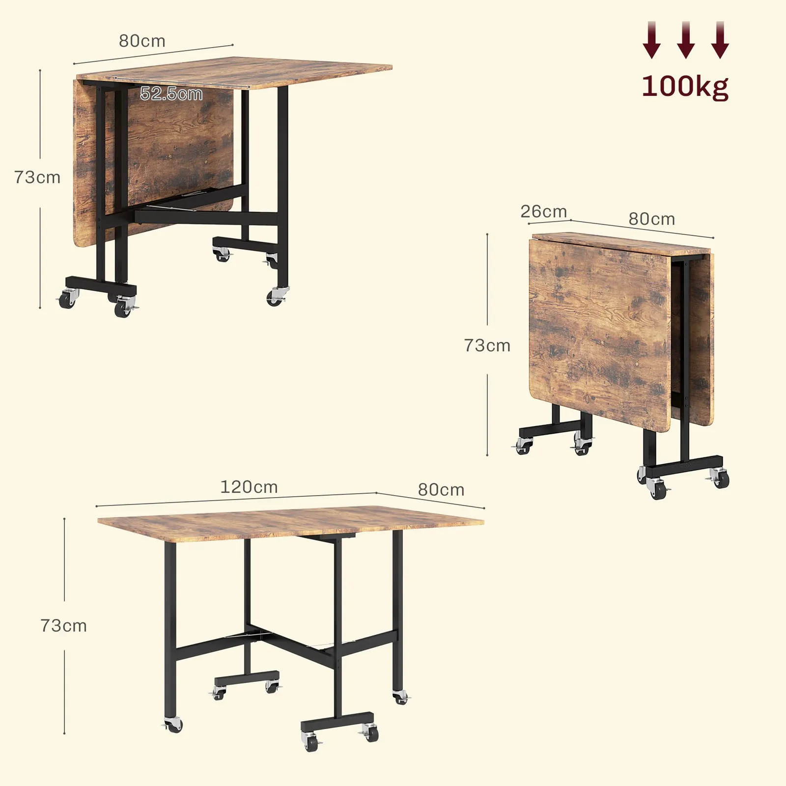 HOMCOM Mobile Drop Leaf Table, Folding Kitchen Table with 6 Wheels in Brown 3