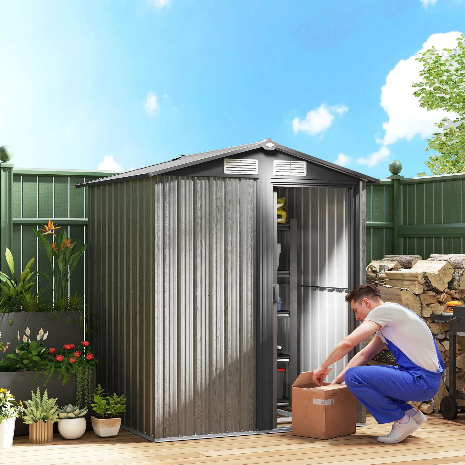 OUTSUNNY 5ft x 4.3ft Outdoor Metal Storage Shed with Sliding Door Sloped Roof in Grey