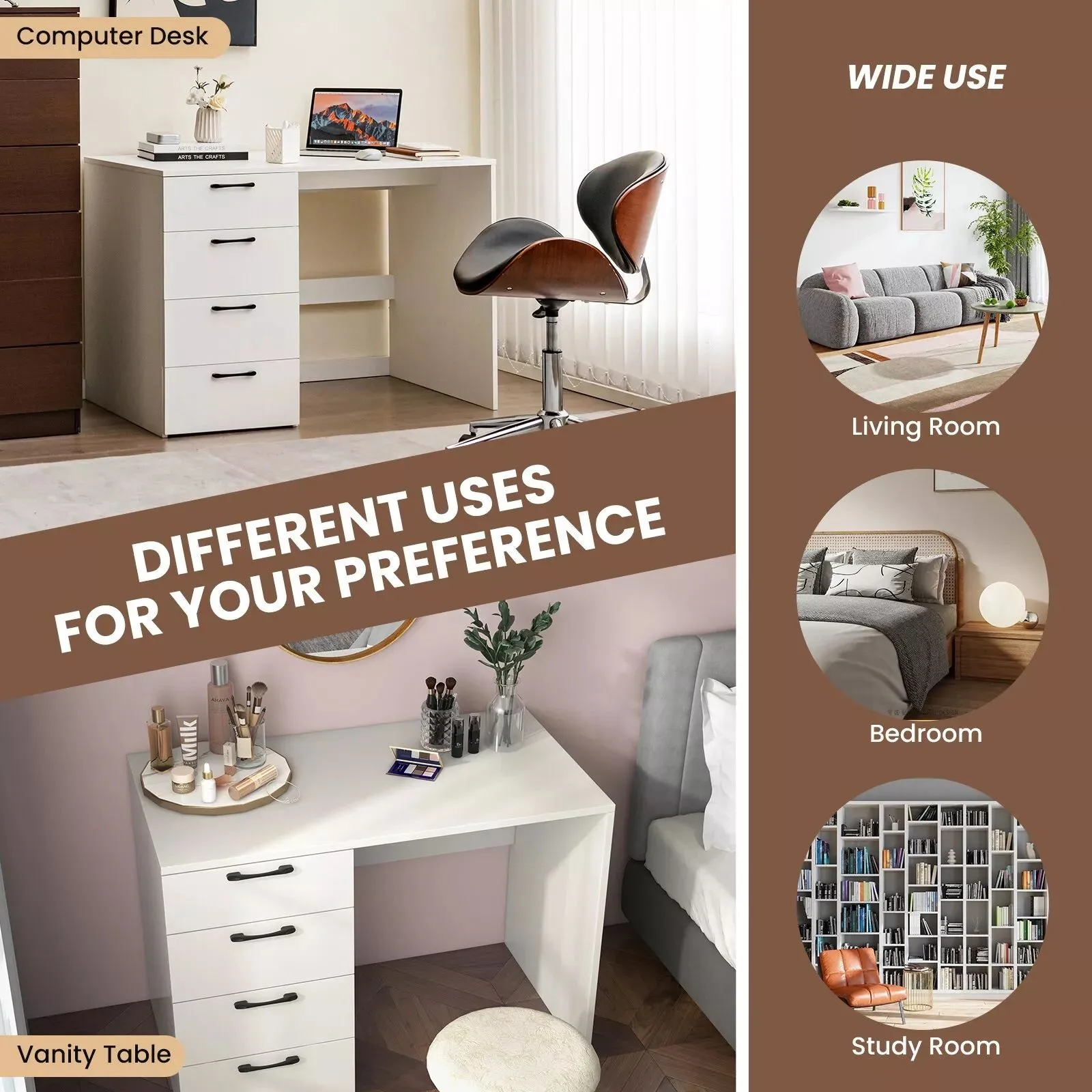 Costway 4 Drawers Computer Desk Modern Writing Desk Compact Laptop PC Table Workstation in White 6