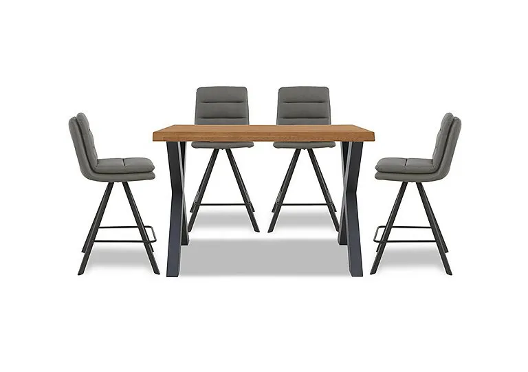 Hades 140cm Straight Edge Table with X Shaped Legs and 4 Njord Grey Faux Leather Swivel Bar Stools