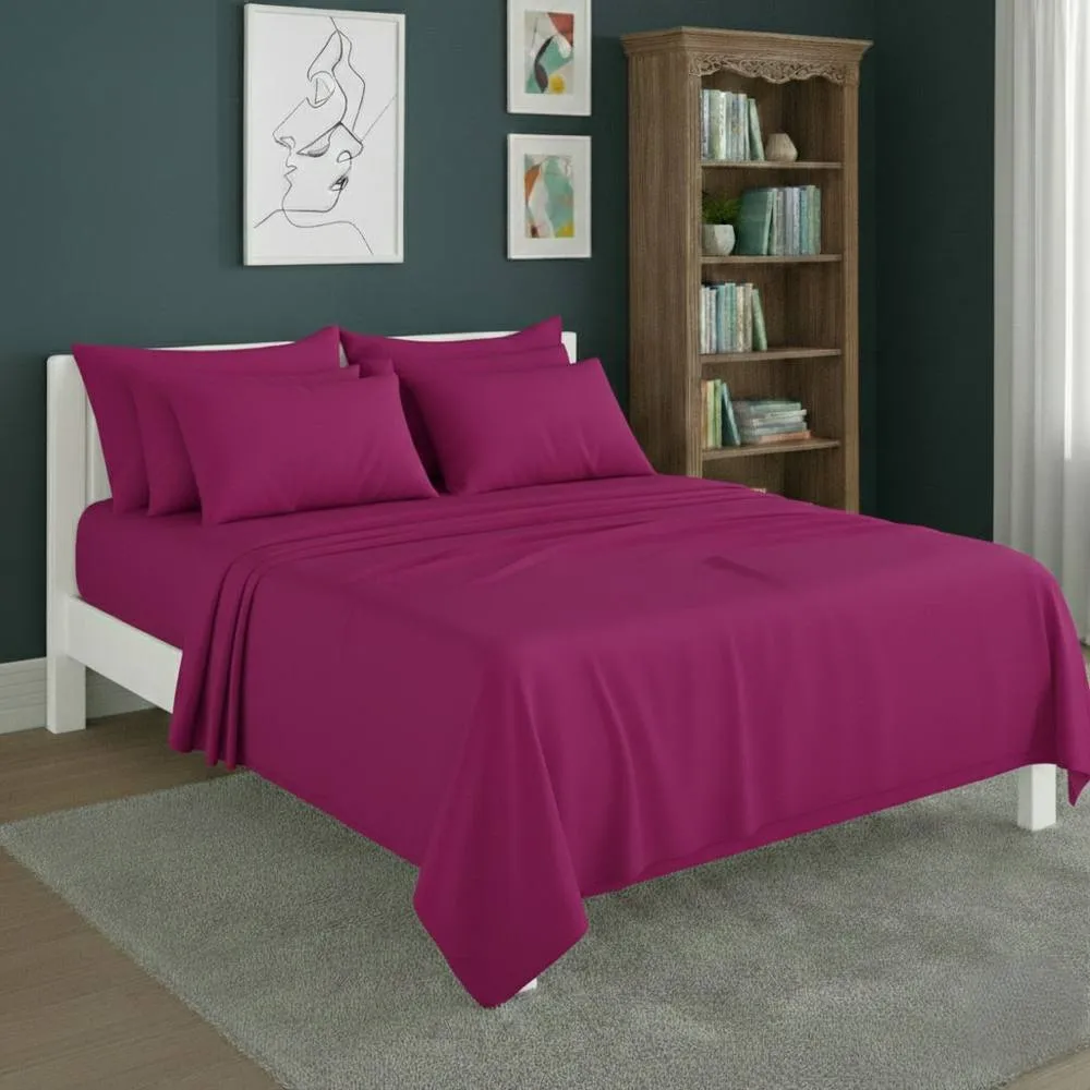 Snug City Plain Poly Cotton Easy Care Fitted Flat Sheet Matching Pillowcases Set in Fuchsia