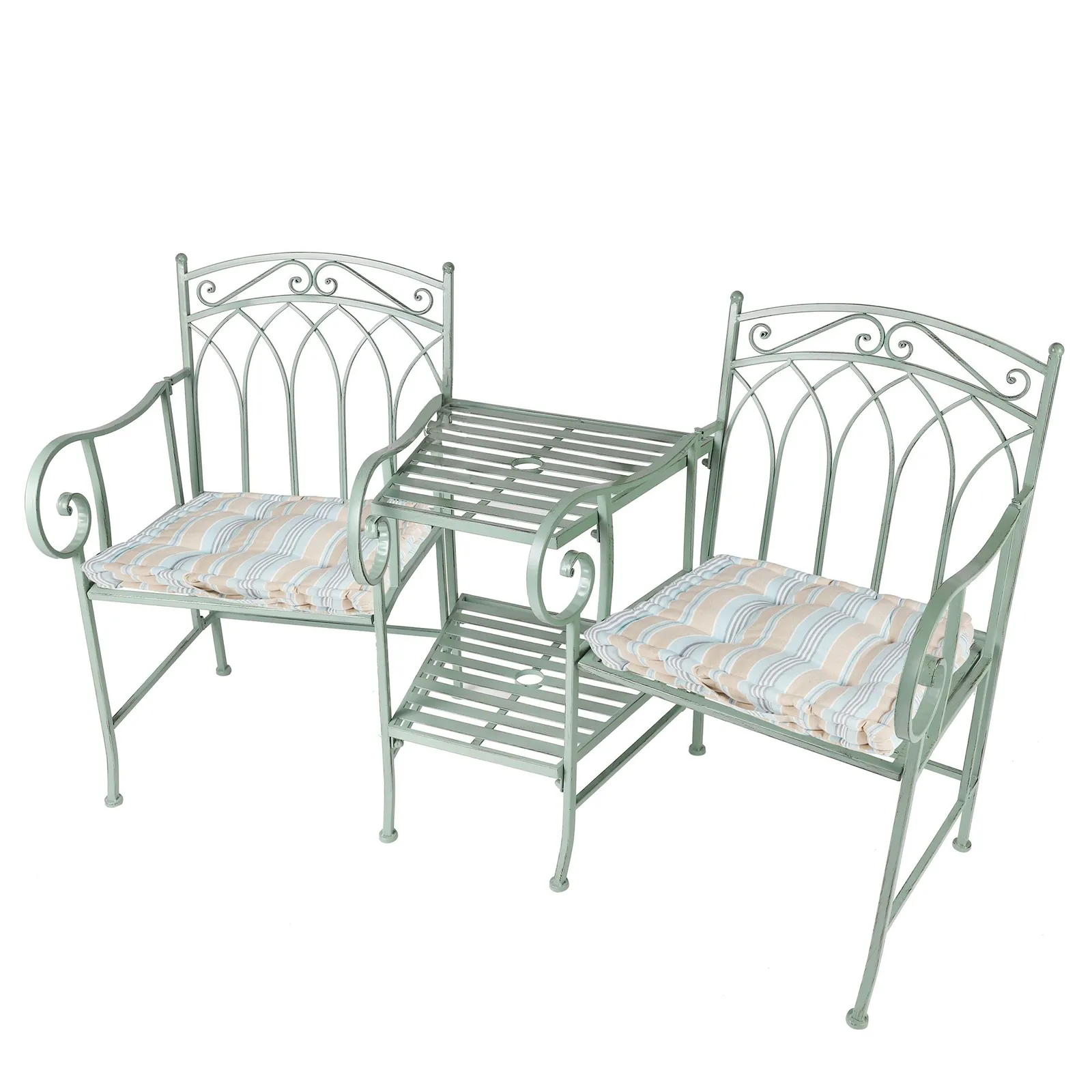 Dibor Vintage Green Arched Outdoor Garden Furniture Companion Seat Garden Bench with Free Set of 2 Blue Box Cushions