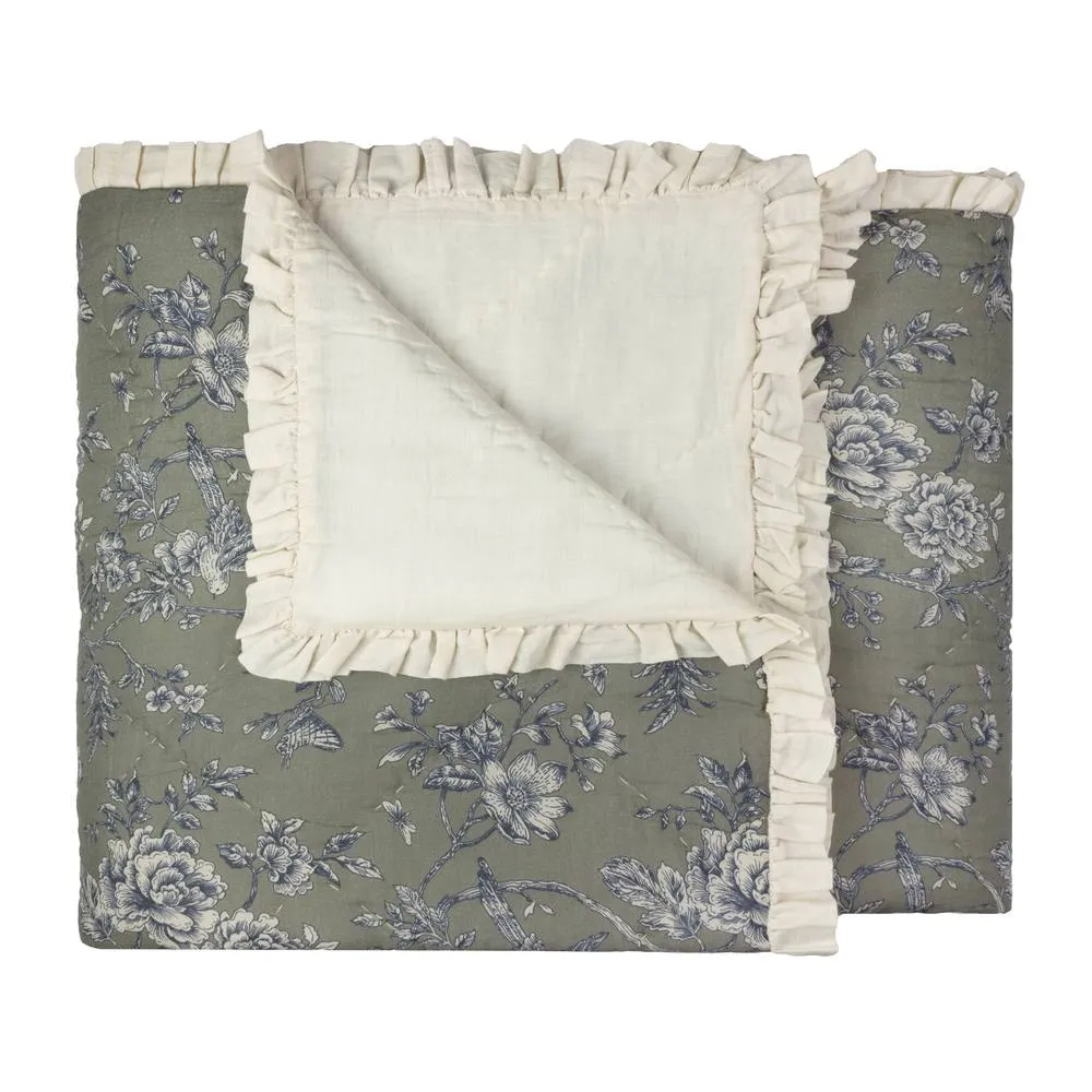 Wylder Hermione Ruffled 100% Cotton Floral Bedspread in Green 3