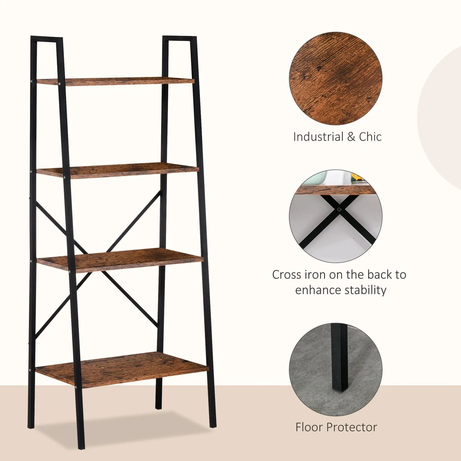 HOMCOM 4-Tier Minimalistic Ladder Shelf Unit Steel Frame Home Display Storage in Brown 5