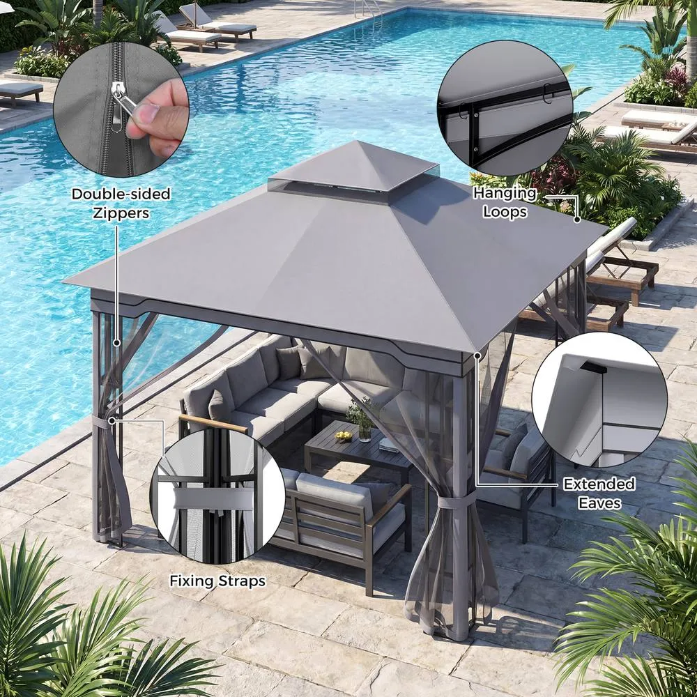 Costway 3.3 x 3.3 M Double Roof Soft Top Patio Gazebo w/ Zippered Mesh Netting in Grey 4