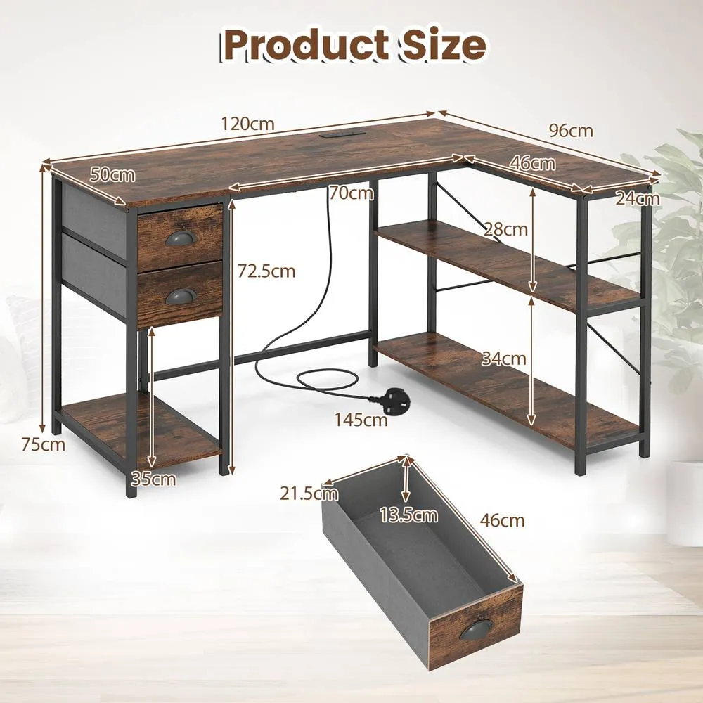 Costway L-Shaped Desk w/ Charging Station Desk w/ 2 Fabric Drawers in Brown 2