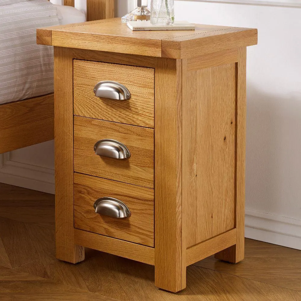 Woburn - 3 Drawer Small Bedside Table - Oak - Wooden - Happy Beds 2