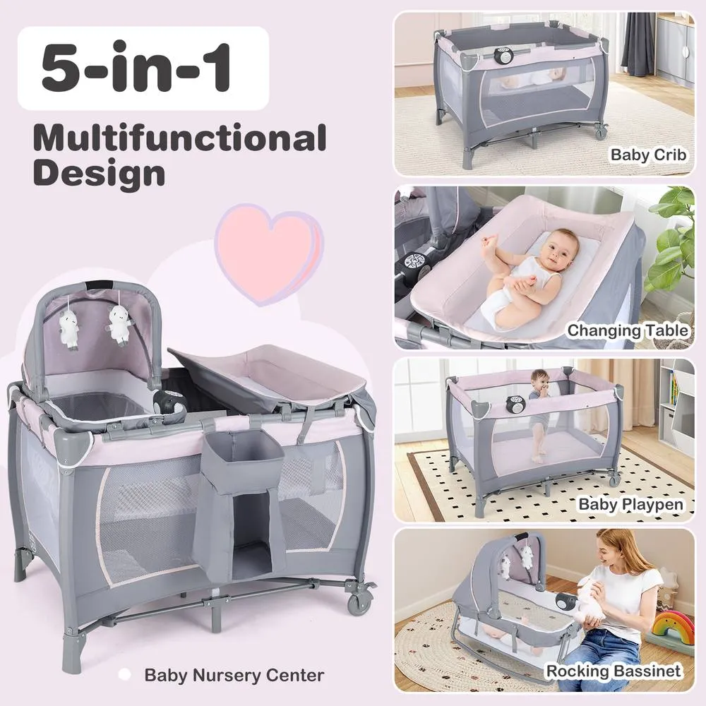 Costway Foldable Pack &Play Portable Baby Playard w/Rocking Bassinet&Music Box in Pink 3