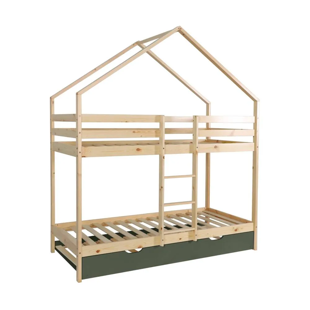 sweeek Children's bunk bed 90 x 190 cm natural pine with pull-out bed in Green 2