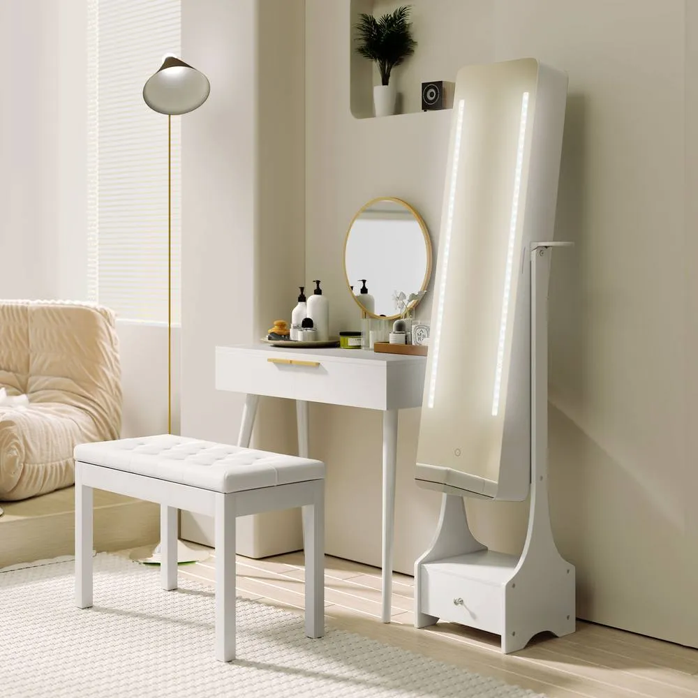 HOMCOM Modern Dressing Table w/ 2 Drawers Round Mirror for Bedroom White 6