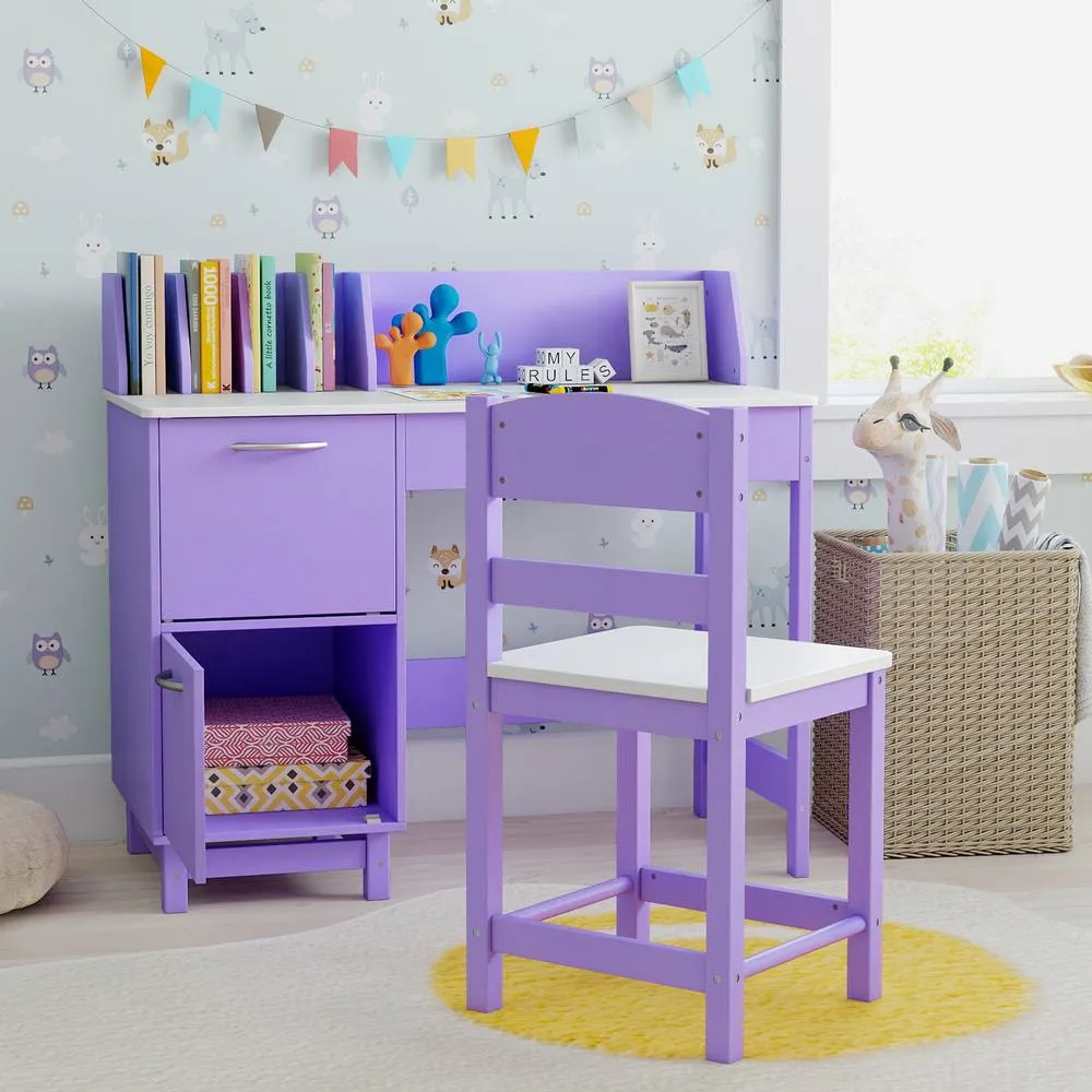 Costway Kid's Study Desk & Chair Set Wooden Activity Table w/ Wide Desktop in Purple 2