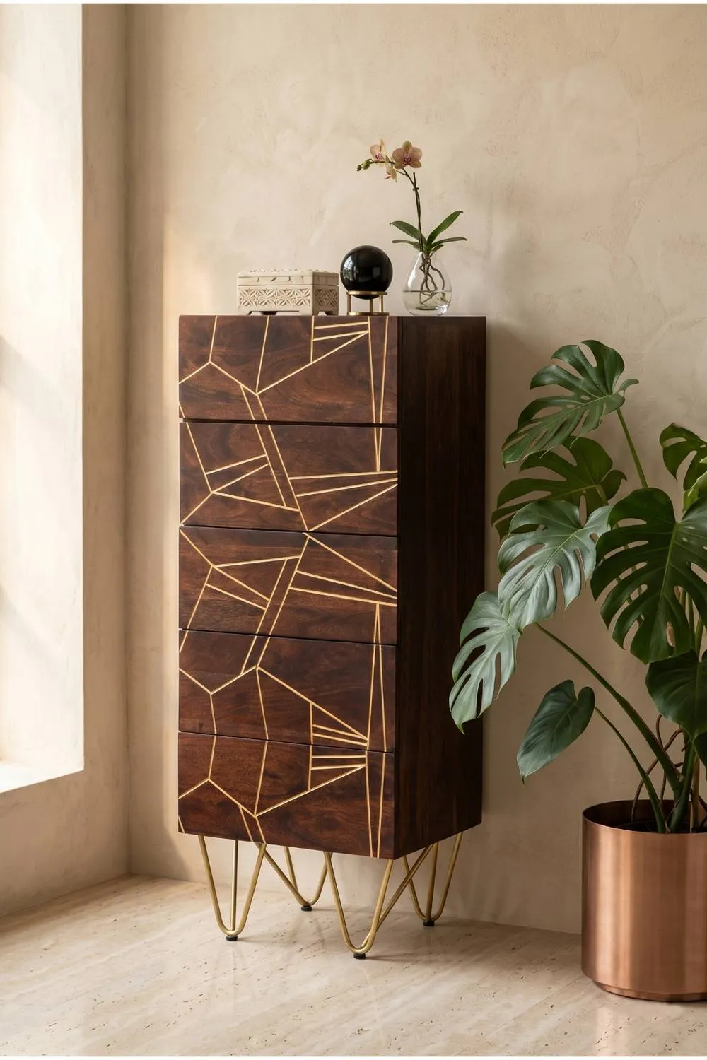 IH Design Silchester Dark Mango Tall Chest of Drawers Gold Inlay in Brown