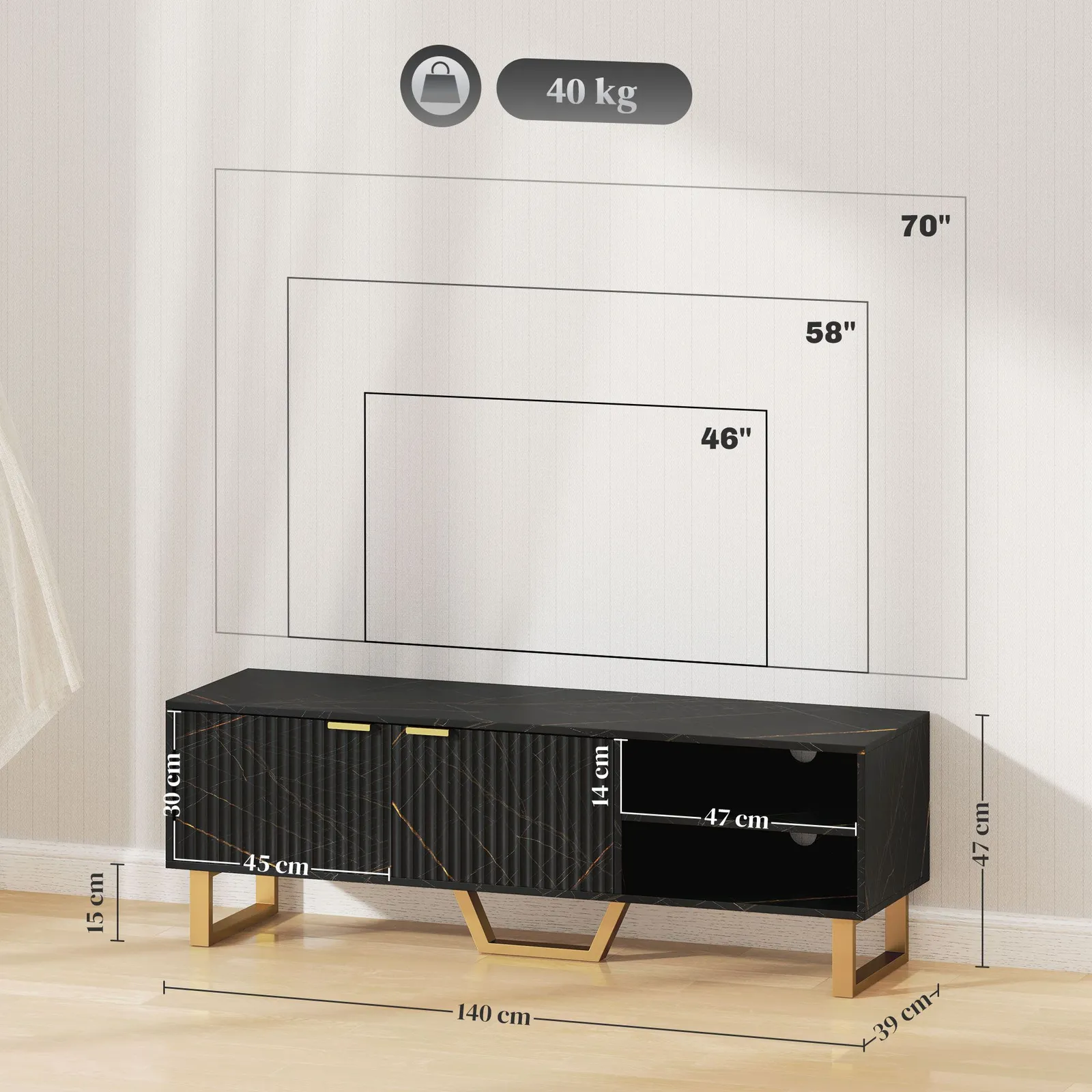 HOMCOM TV Unit, TV Stand Cabinet with Shelves & Storage Cupboard in Black 3