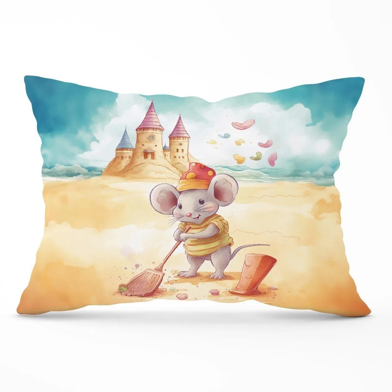 Warren Reed - Designer Mouse On A Beach Holiday Cushions in Yellow
