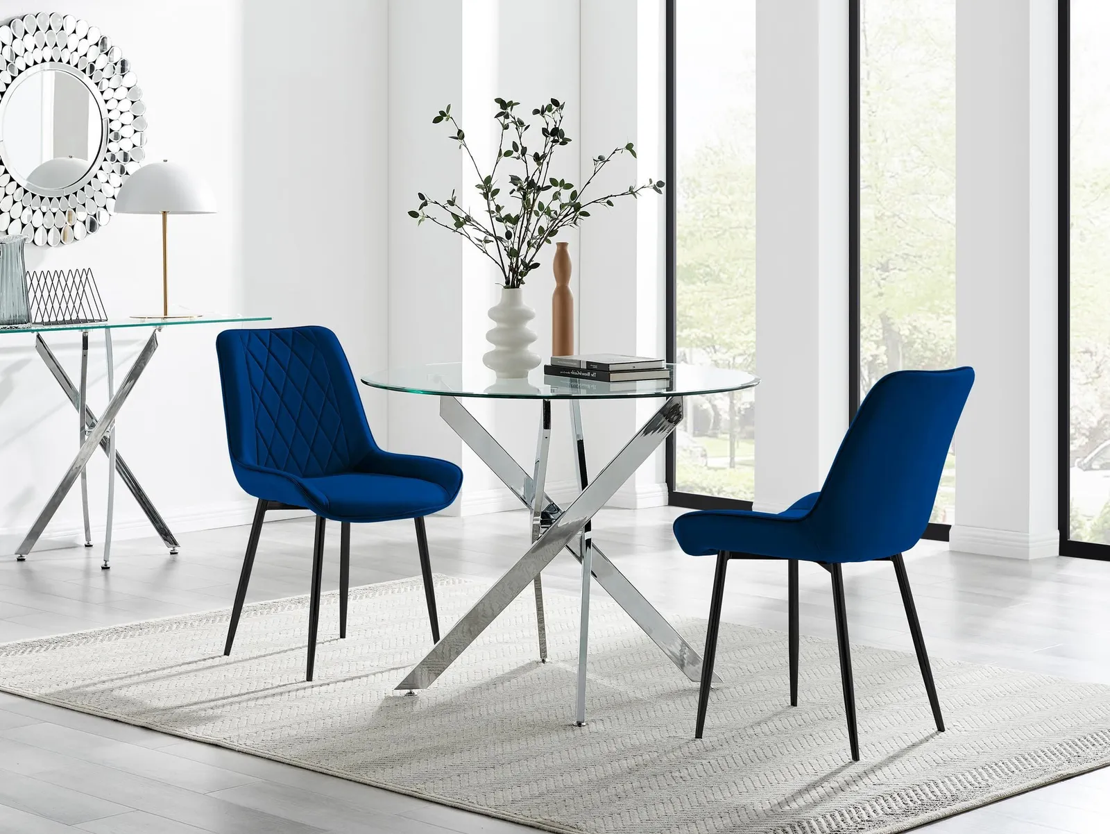 FurnitureboxUK Novara 100cm Round Dining Table & 2 Pesaro Black Leg Chairs in Navy
