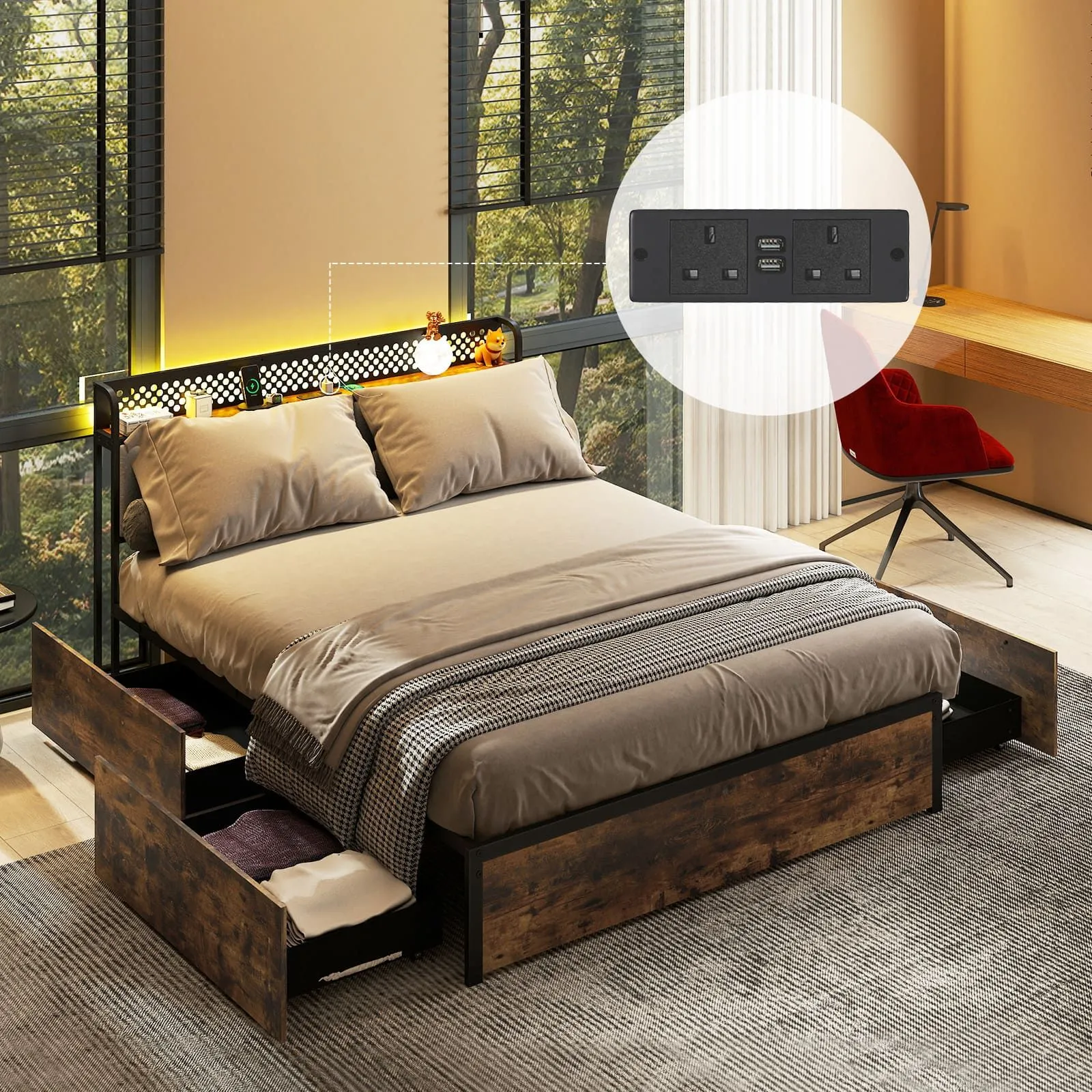 Costway King Bed Platform Bed with LED Lights & USB Power Outlets in Brown 2