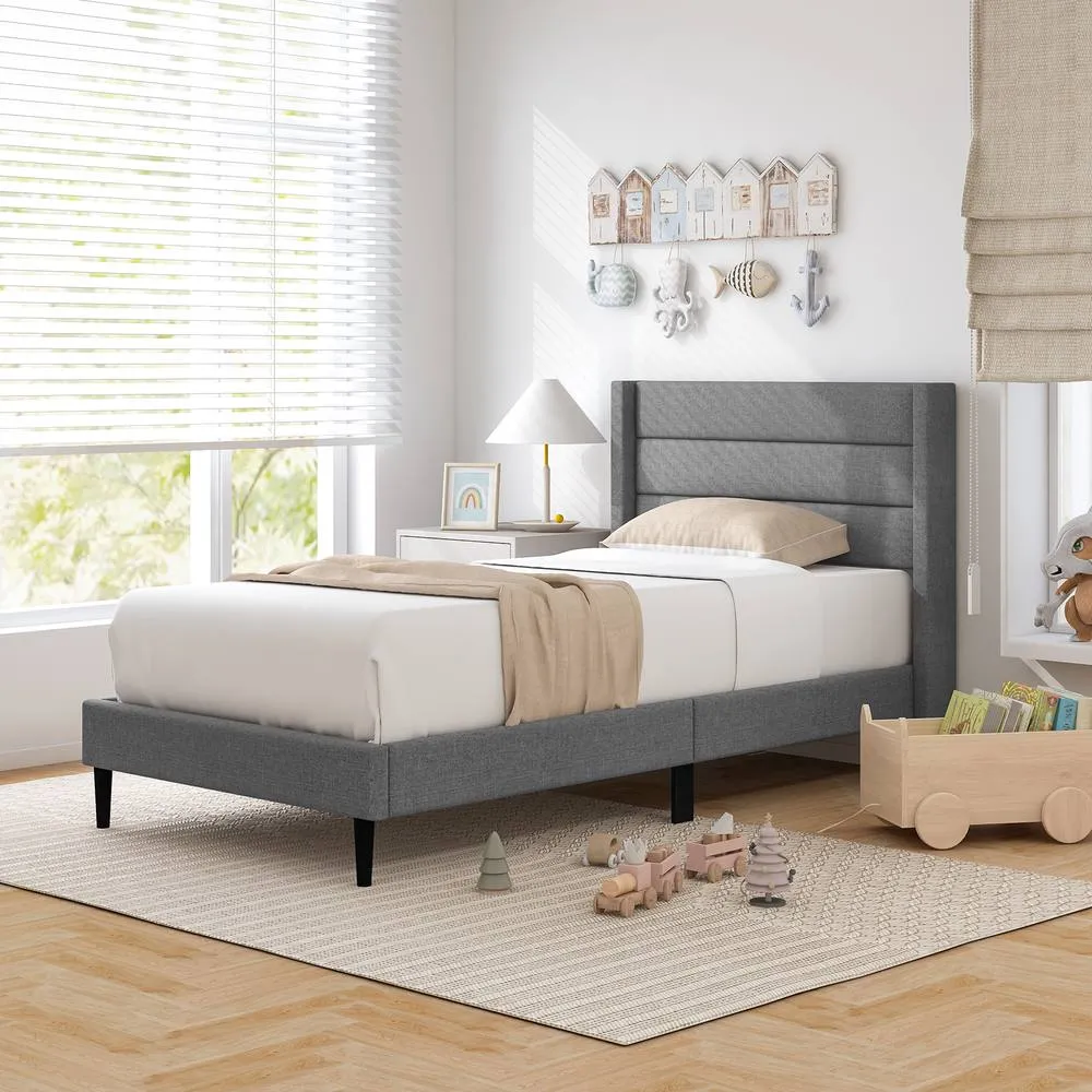 Costway Single Bed Frame Linen Upholstered Platform Bed w/Headboard in Grey 2