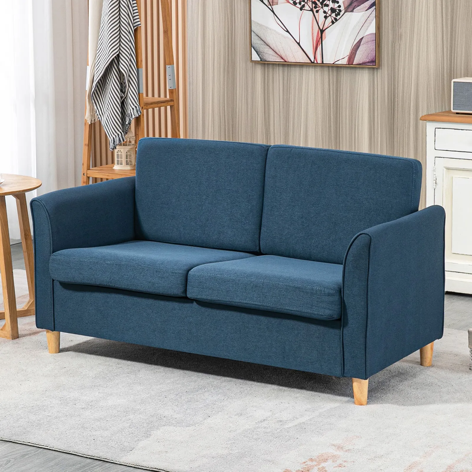 HOMCOM Double Seat Sofa Linen Upholstery Loveseat Couch w/ Armrests in Blue 2