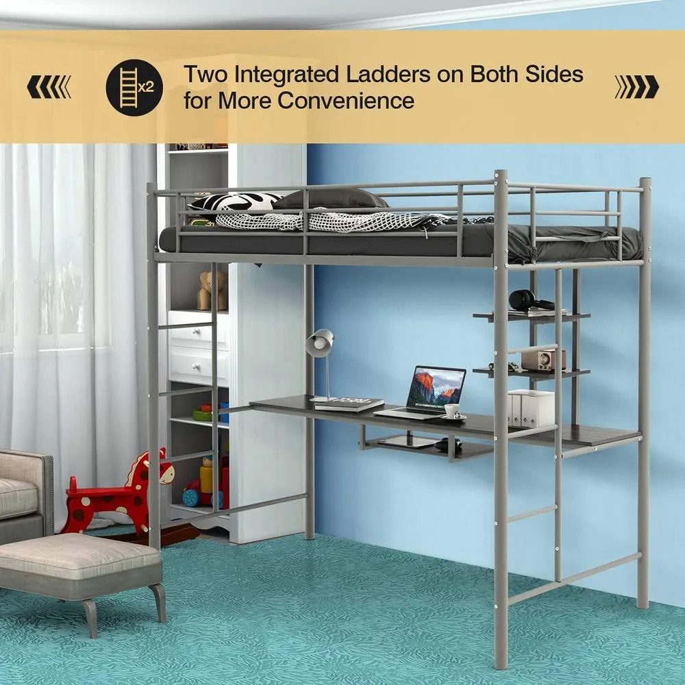 Costway 3.5FT Single Metal Loft Bed Frame High Sleeper Bunk Bed W/ Desk Storage Shelves in Silver 3