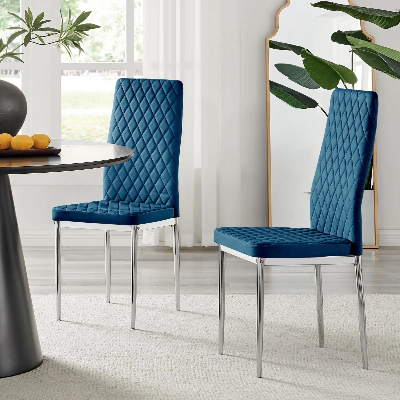 FurnitureboxUK Set of 4 Milan High Back Soft Touch Diamond Pattern Velvet Dining Chairs With Silver Chrome Metal Legs in Navy