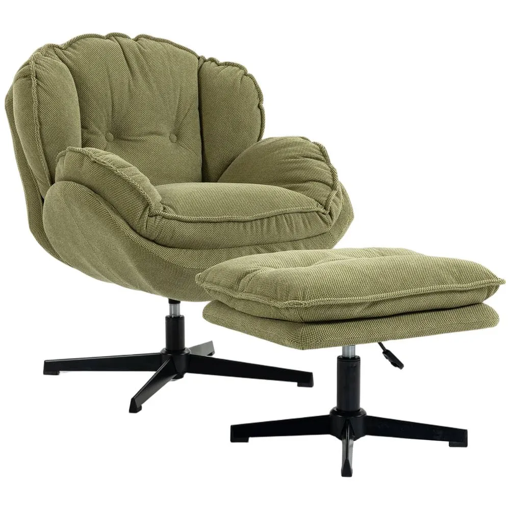 HOMCOM Armchair with Adjustable Footstool, 360° Swivel Accent Chair in Green