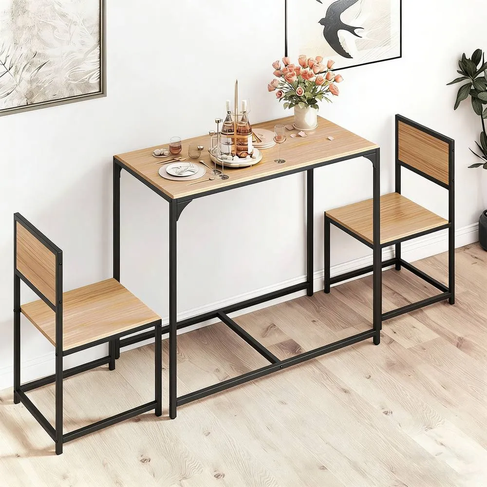 Costway 3 PCS Industrial Dining Table Set Rectangular Kitchen Table & 2 Chairs in Natural