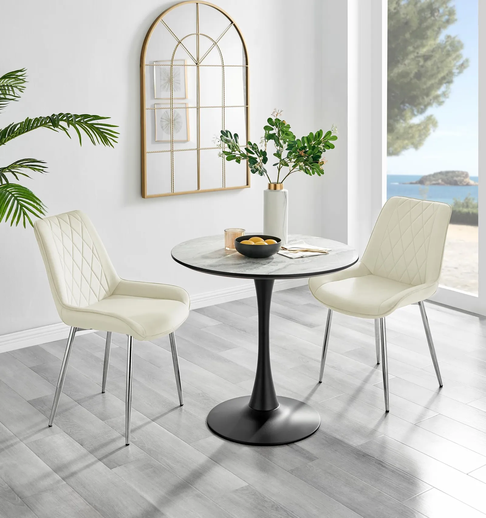 FurnitureboxUK Elina White Marble Effect Scratch Resistant Dining Table & 2 Pesaro Silver Leg Velvet Chairs in Cream 1
