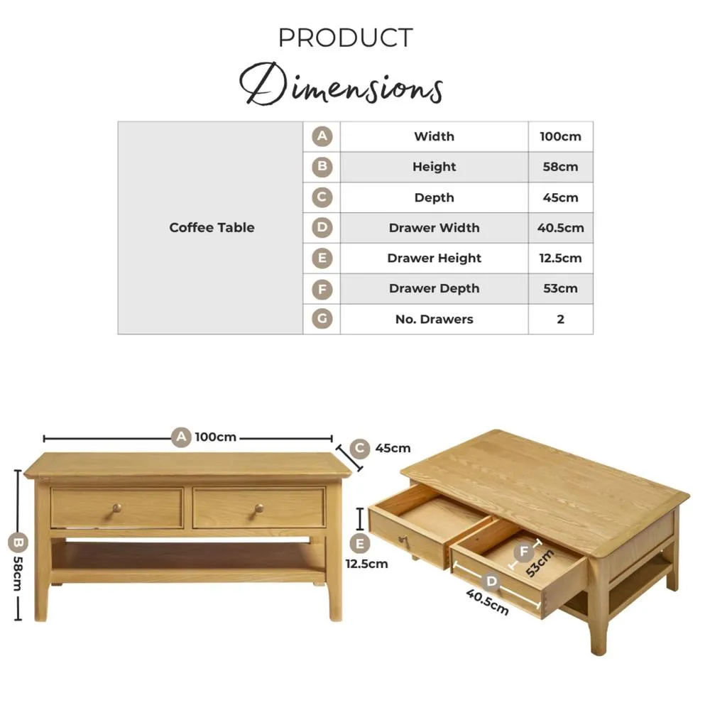 FurnitureboxUK Belle 2 Drawer Rectangular Solid Oak Wood Coffee Table in Light Brown 2