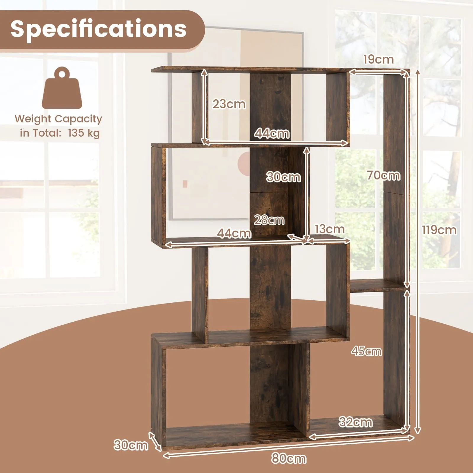Costway Open-back Geometric Bookshelf Home 6-Cube Large Bookcase in Brown 2