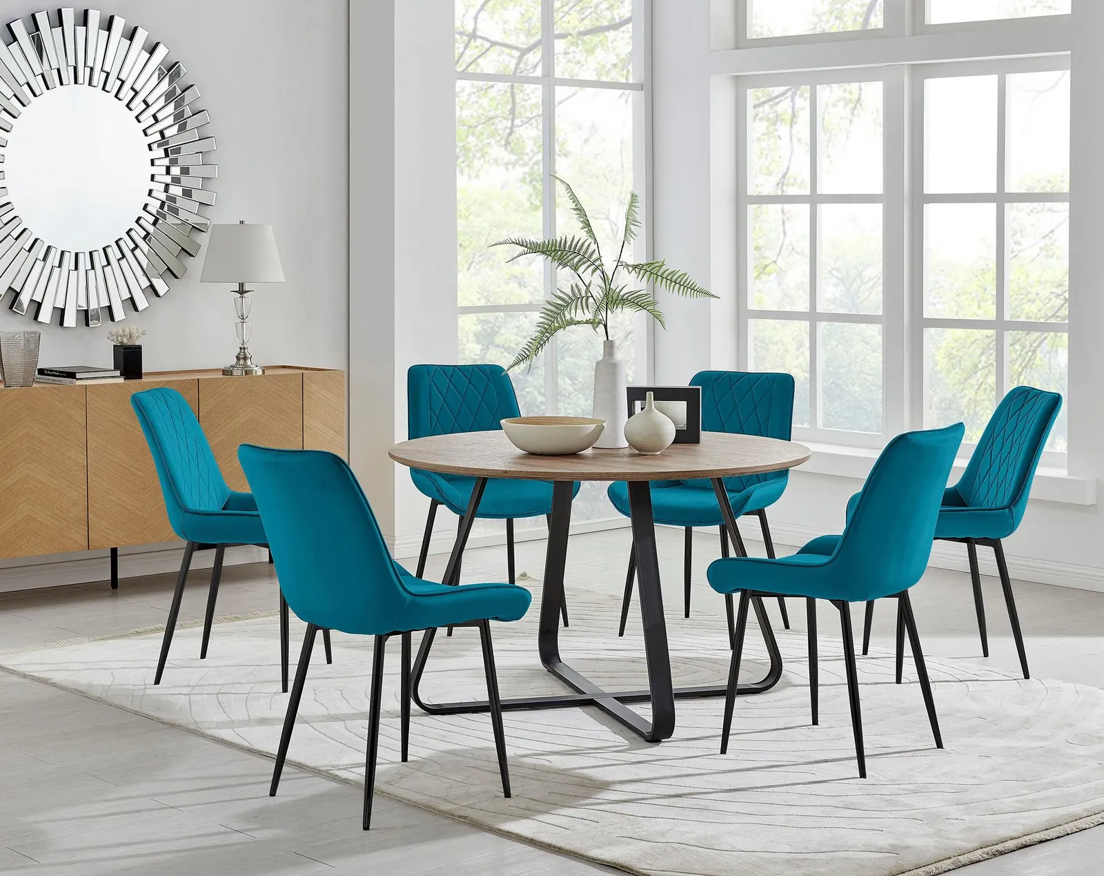 FurnitureboxUK Santorini Brown Round Dining Table & 6 Pesaro Black Leg Chairs in Blue 1