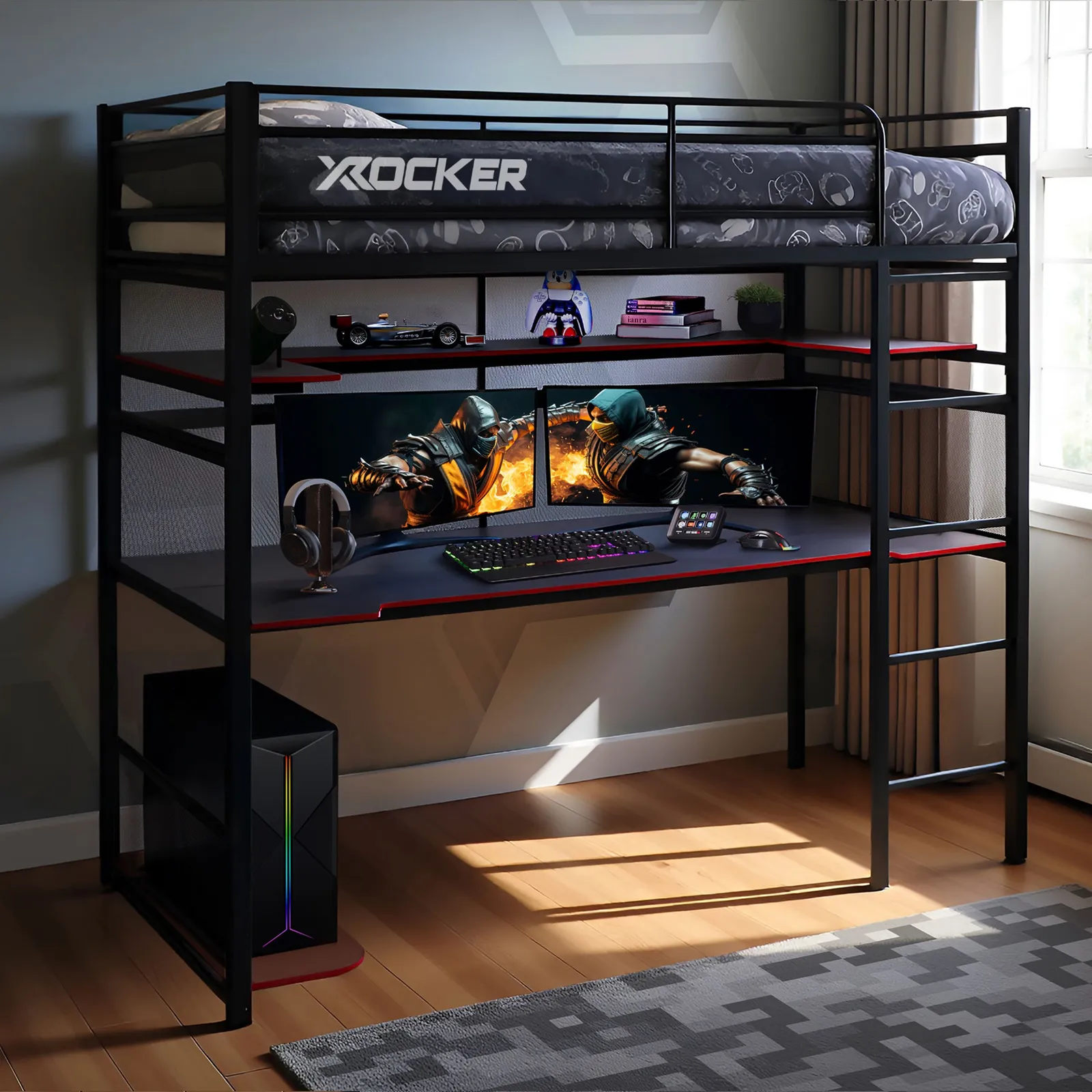 X Rocker Battlebunk High Sleeper Bunk Bed with Gaming Desk & Shelving in Black