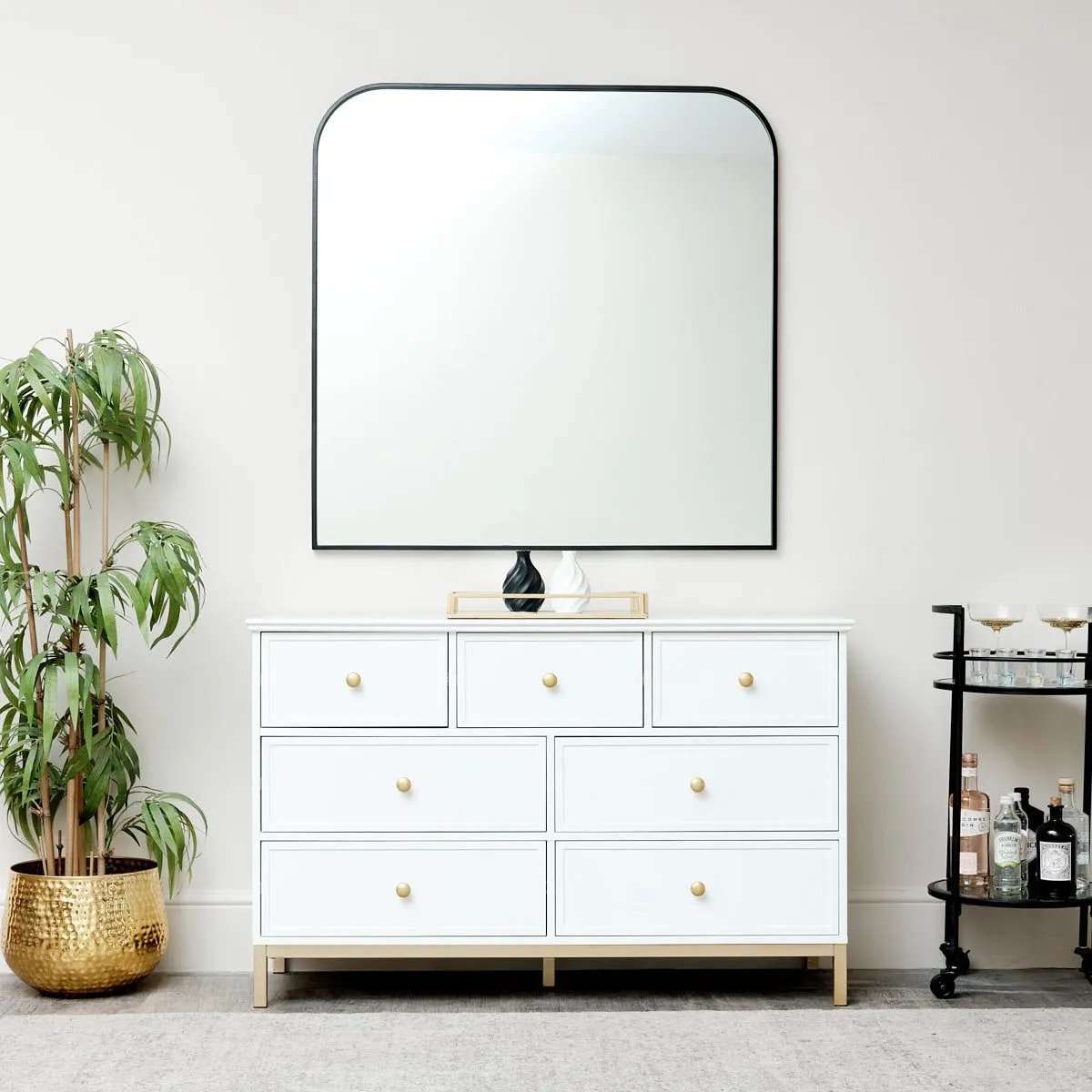 Melody Maison Large Black Curved Square Arched Overmantel Mirror 100cm X 100cm in Jet Black 3