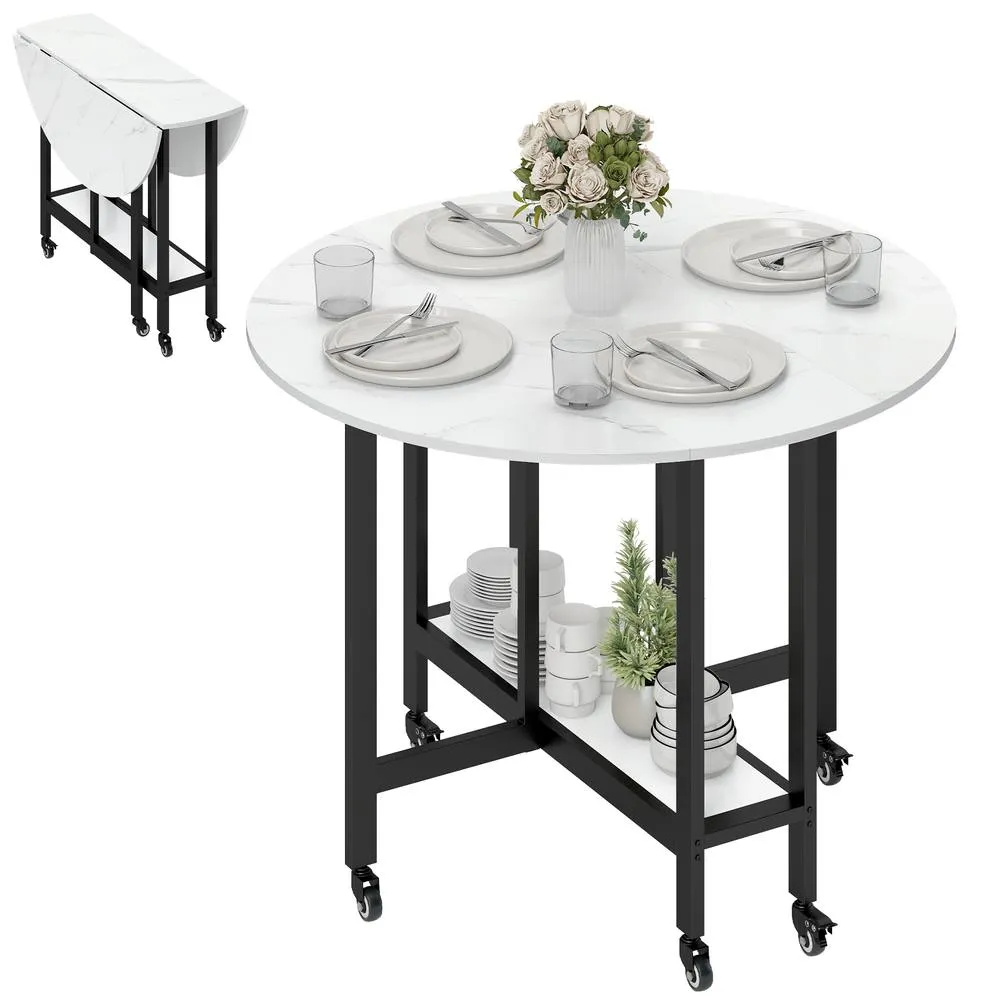 HOMCOM Folding Dining Table, Drop Leaf Table with Open Shelf, White Marble 2