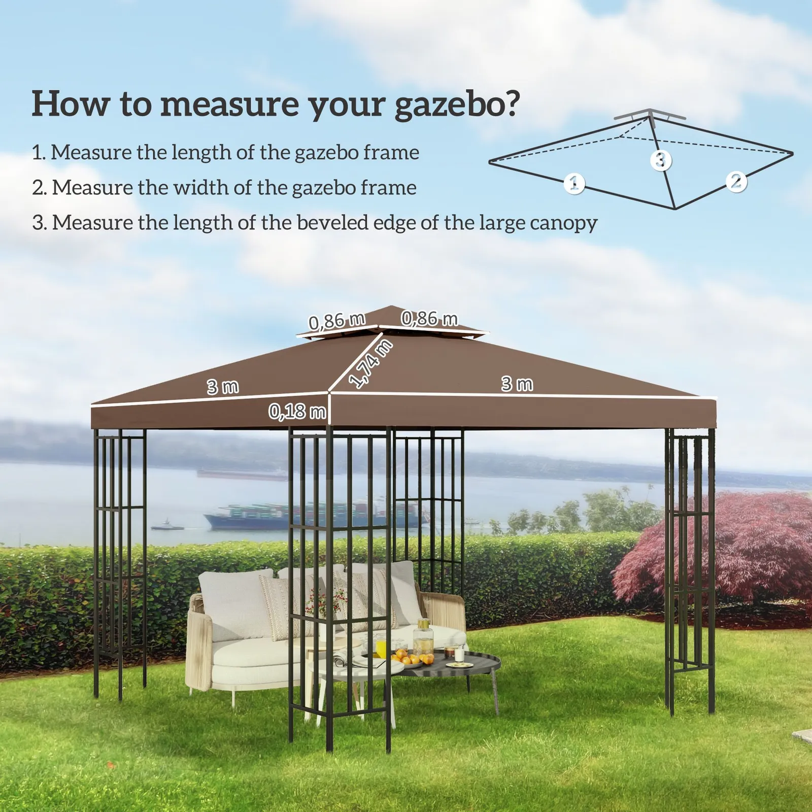 OUTSUNNY 3(m) 2 Tier Garden Gazebo Top Cover Replacement Canopy Roof in Bronze 3