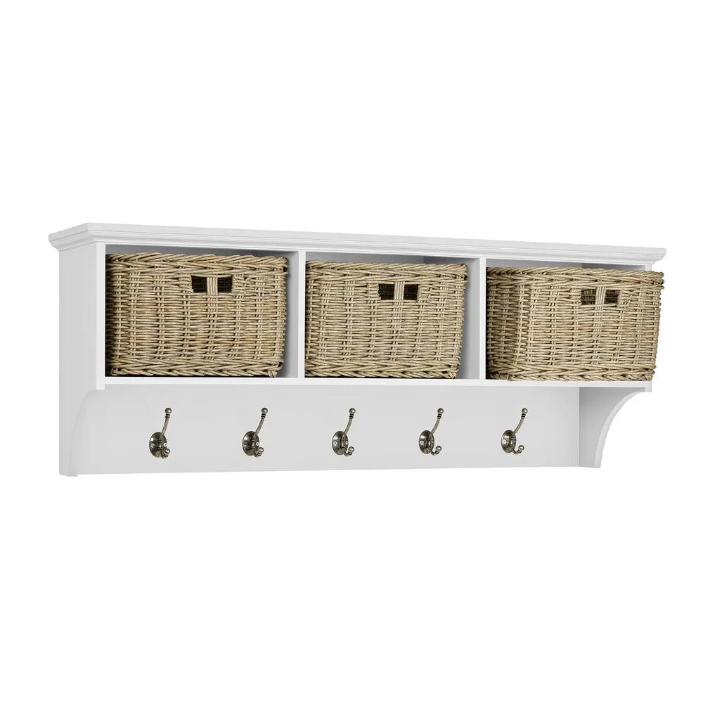 Statement Furniture Tetbury Large Coat Rack / Shelf with 3 Brown Faux Wicker Baskets in White 3