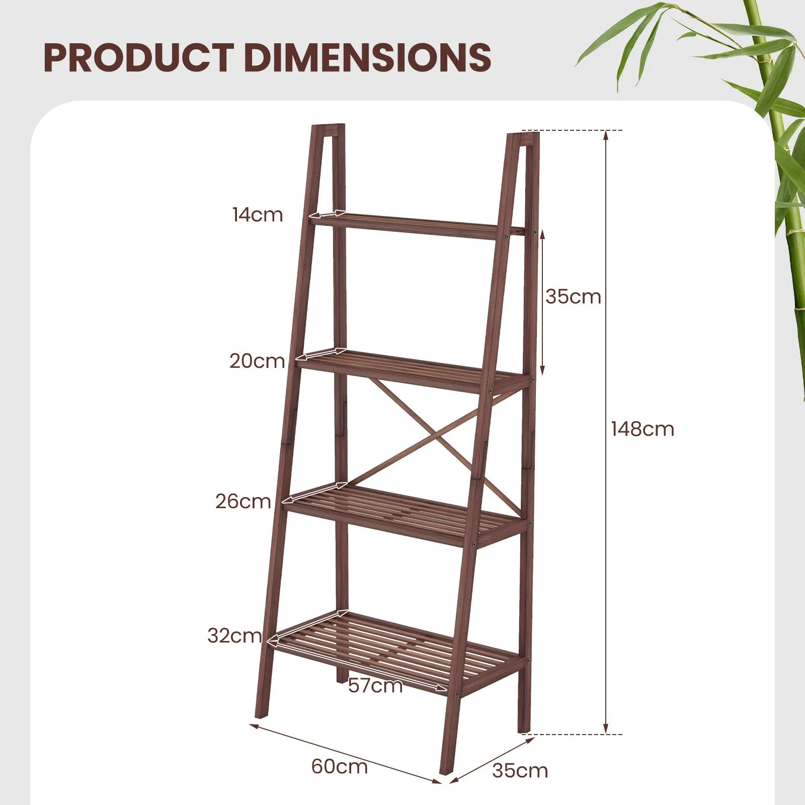 Costway Bamboo Ladder Bookshelf 4-Tier Freestanding Bookcase in Brown 2