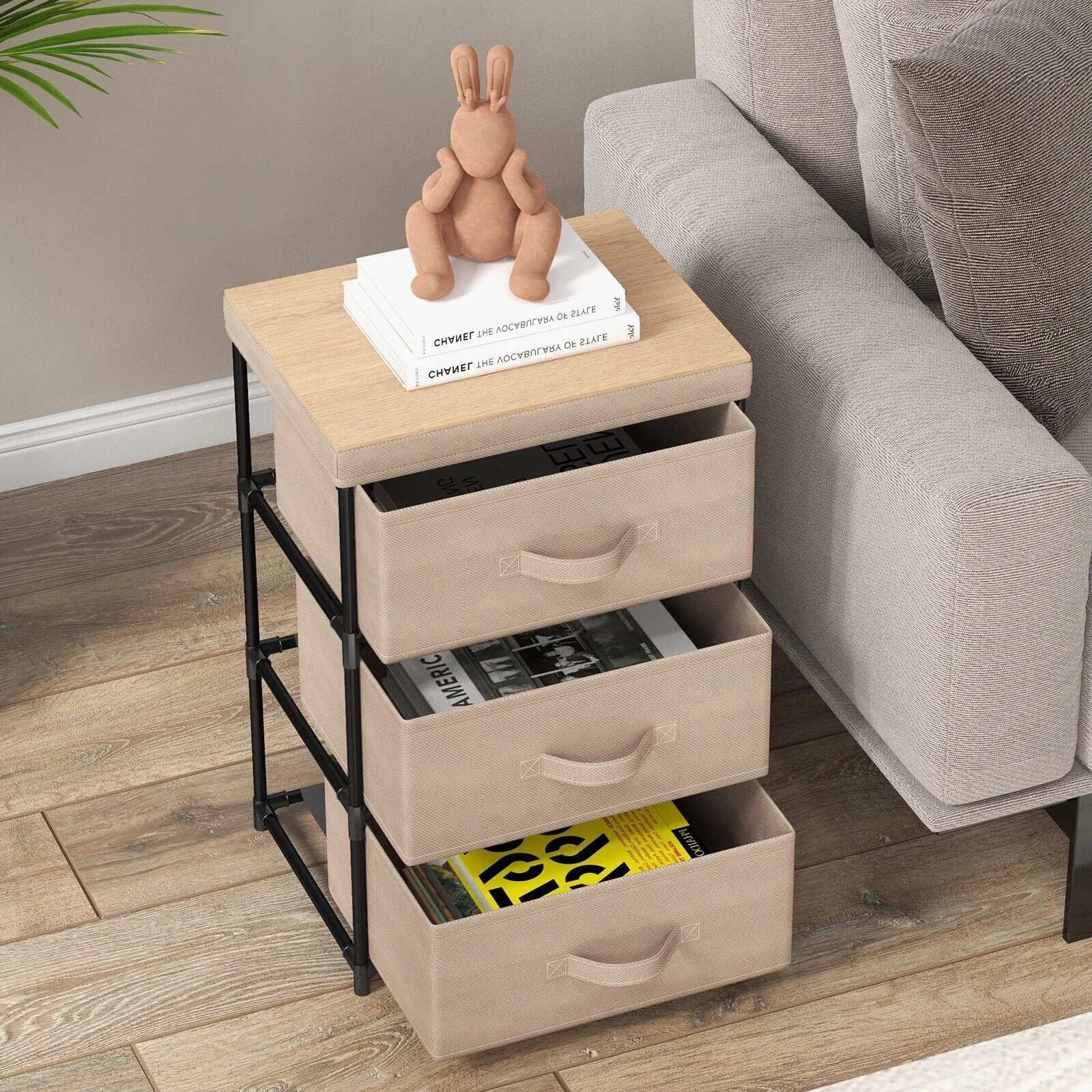 Costway 3 Chests of Drawers 3Tier Nightstand Organizer Fabric Dresser w/ Metal Frame in Brown 4
