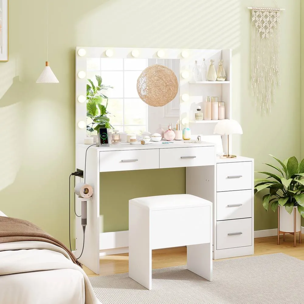 Costway Modern Vanity Desk w/5 Drawers &Stool Makeup Table Set w/Power Outlets in White 3